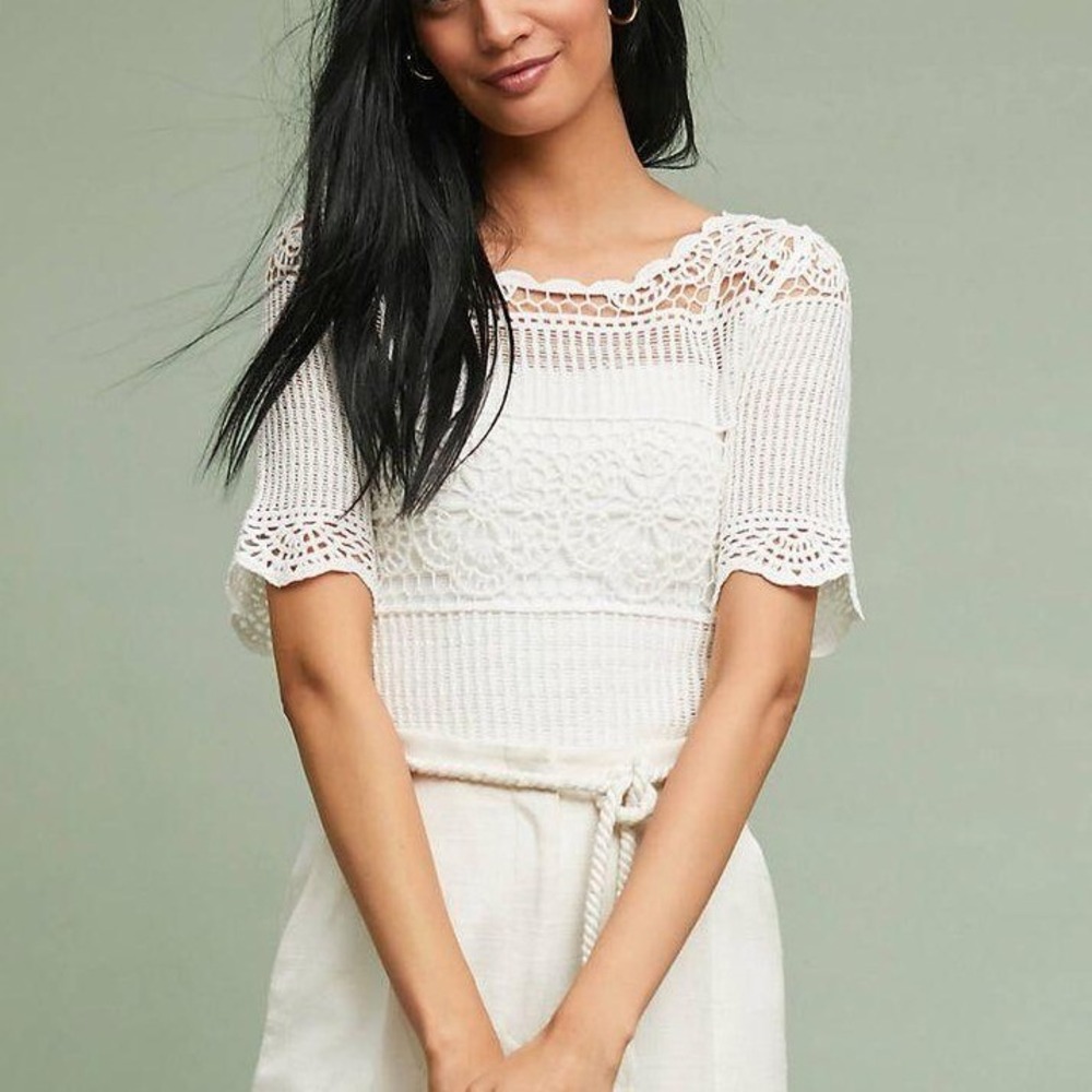 James Coviello Anthropologie Janice Crochet Knit Top S White Boho Floral Lacer